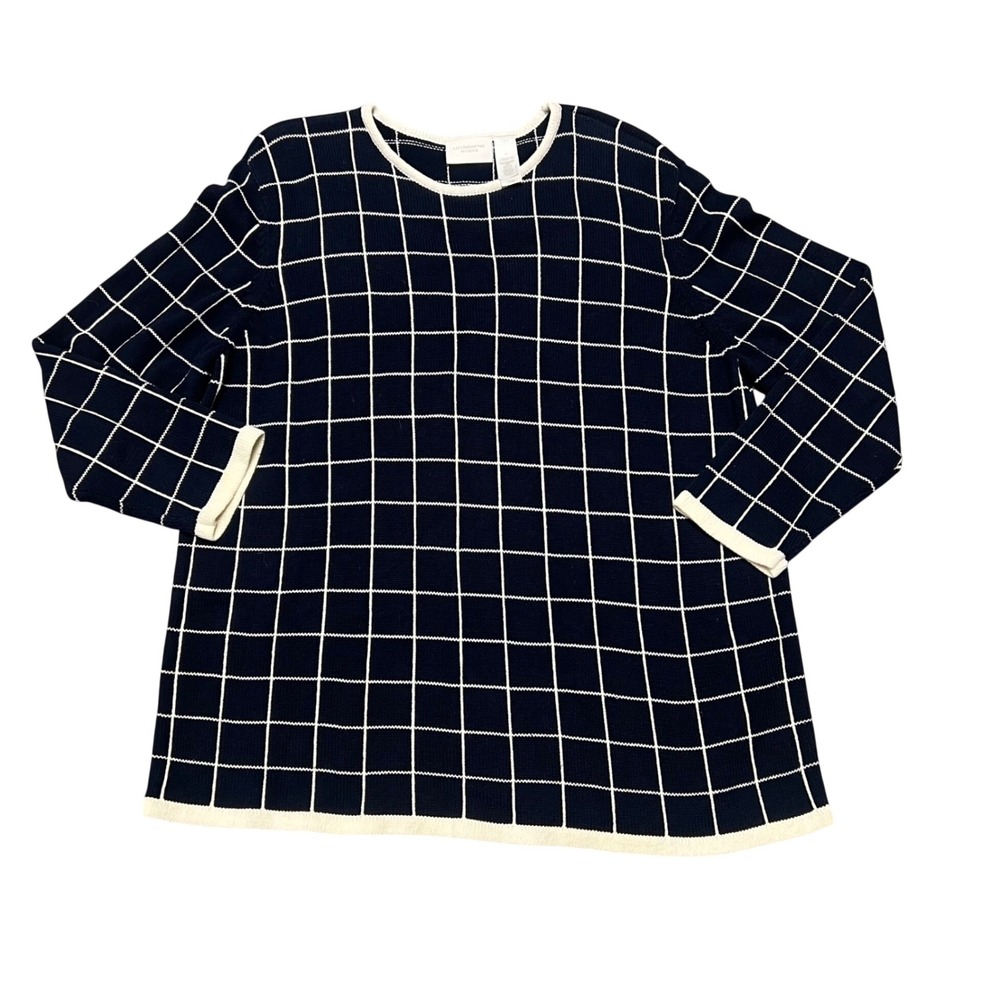 Vintage Liz Claiborne 1X 100% Cotton Navy White Windowpane Grid Knit Sweater